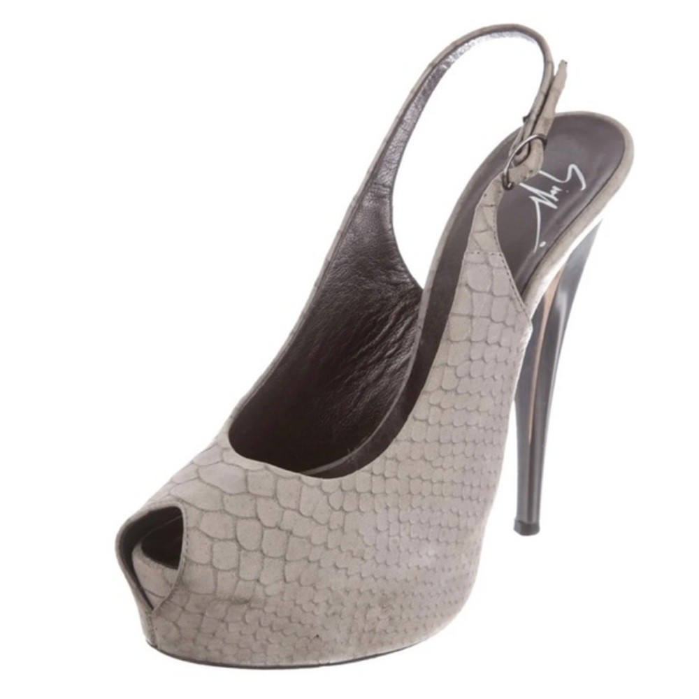 GIUSEPPE ZANOTTI Gray Python Embossed Suede Peep‎ Toe Platform Slingback